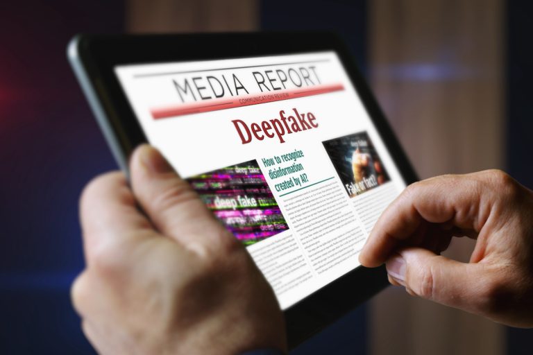 Deepfake AI disinformation fake news and misinformation daily newspaper reading on mobile tablet computer screen