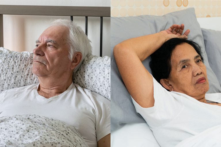 split image of senior man and senior woman in separate beds with pensive expressions