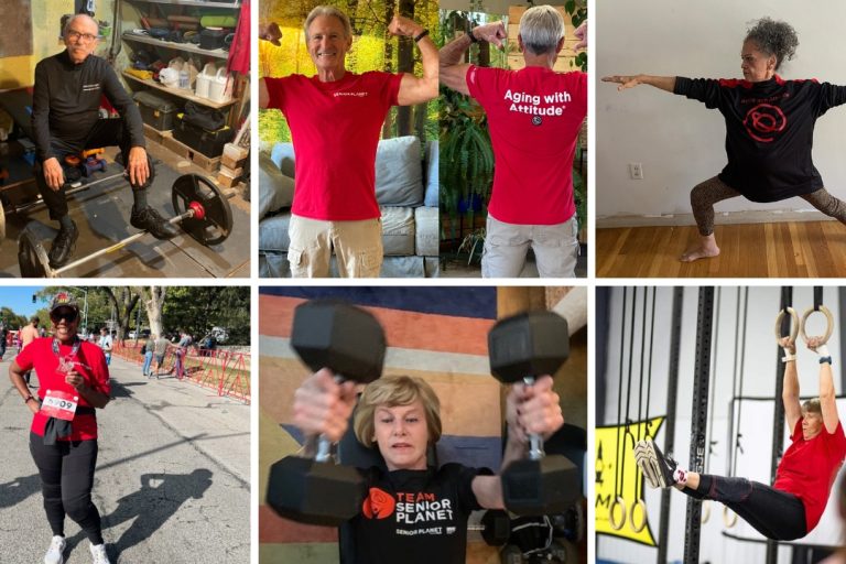 photo collage of older adult athletes lifting weights and exercising while wearing Senior Planet shirts