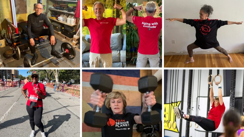 photo collage of older adult athletes lifting weights and exercising while wearing Senior Planet shirts