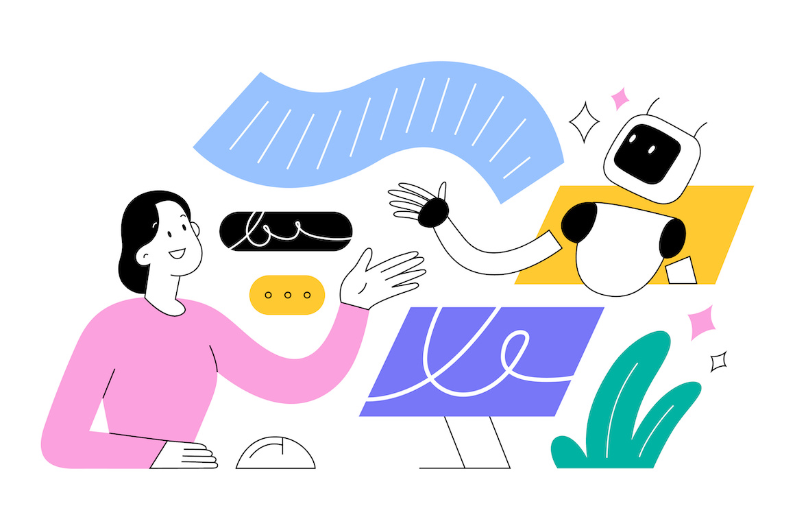 illustration of woman using AI chatbot to create text