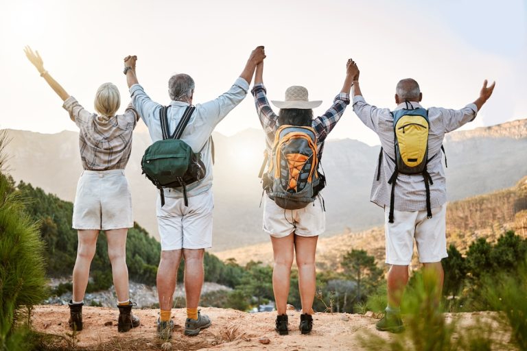a group of senior friends taking a mountain hike and enjoying the view.