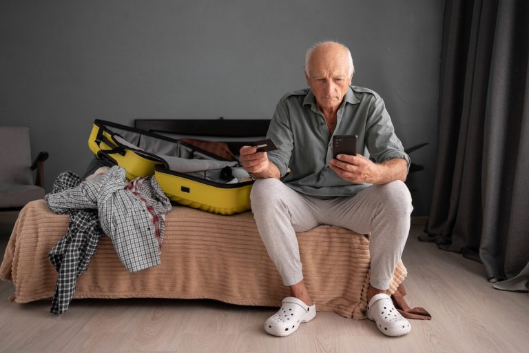 senior man using mobile phone and booking hotel online with credit card and smartphone