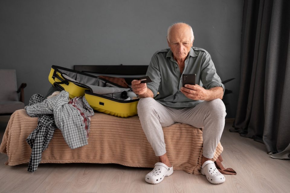 senior man using mobile phone and booking hotel online with credit card and smartphone