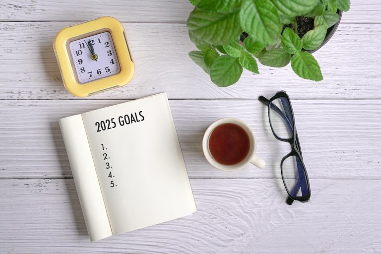 2025 goals on notepad. Top view. New year goals, plan and action concept.