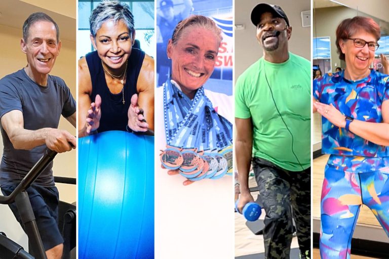 collage of five older adult athletes participating in fitness activities