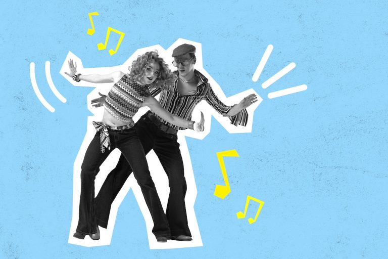 Young man and woman in retro clothes dancing to disco music against blue background