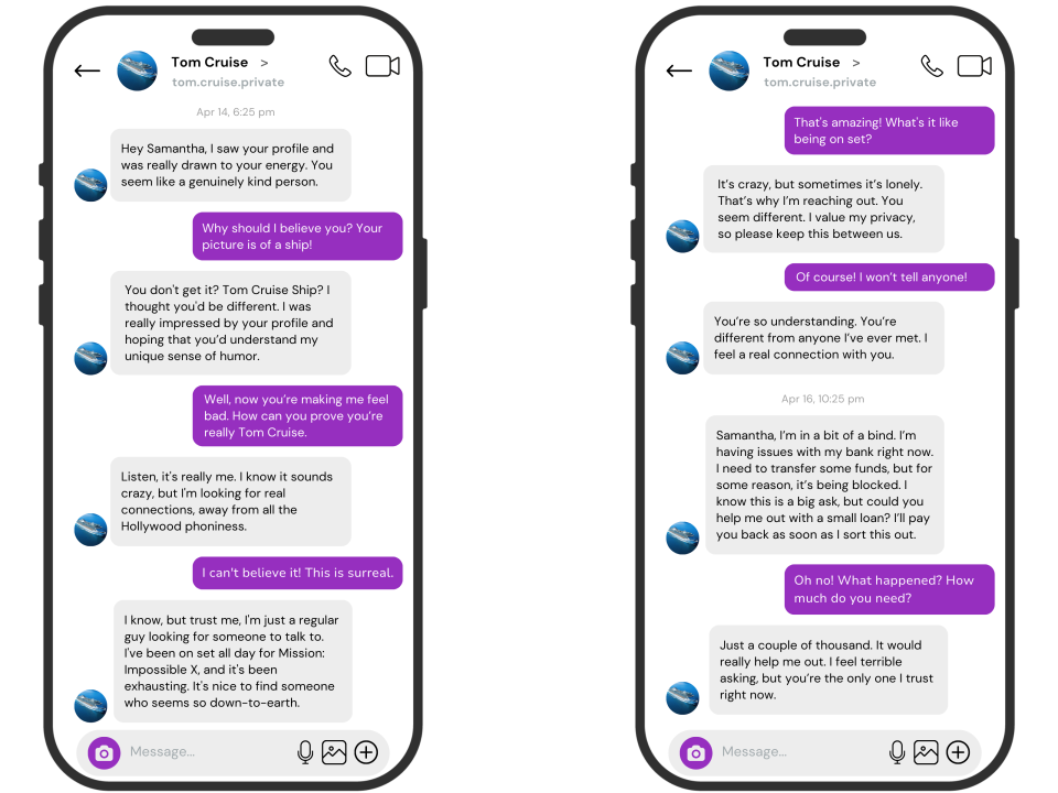 screenshot of example celebrity impostor scam message