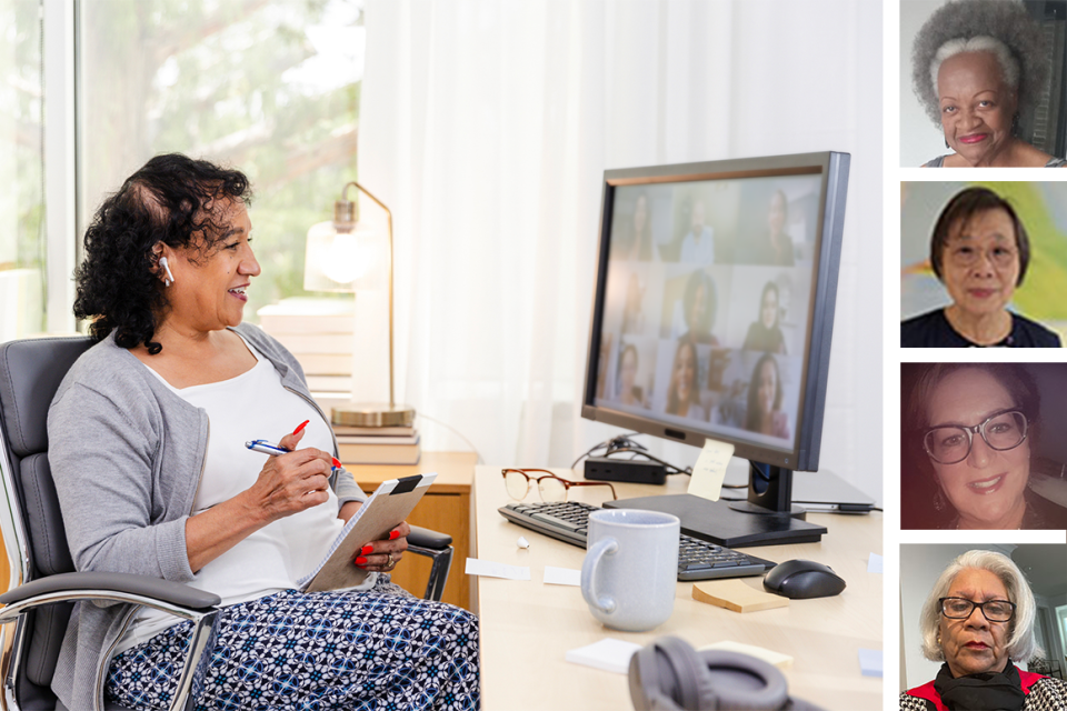 senior woman video chatting with other older adults. writing ideas down on clipboard