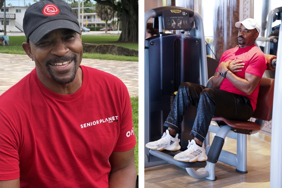 senior Black man exercising in red t-shirt