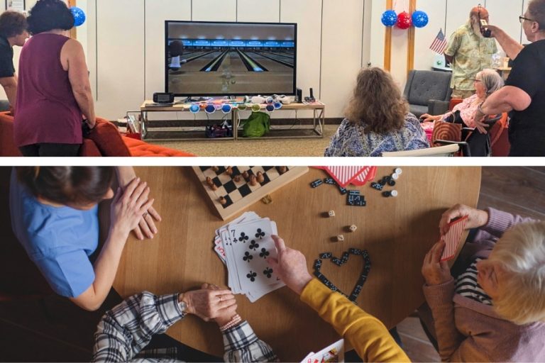 older adults playing video games and board games, card games