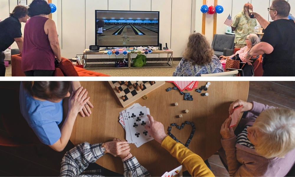 older adults playing video games and board games, card games