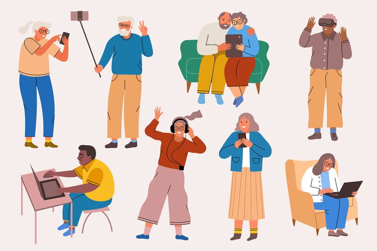 illustration of seniors using various tech devices