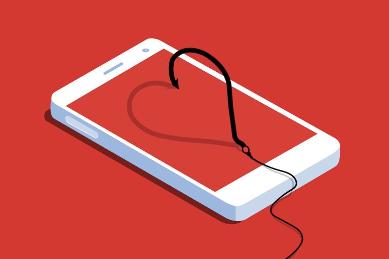 romance scam illustration of smartphone on red background with heart shape on screen. heart is made by a fishing hook and its shadow.
